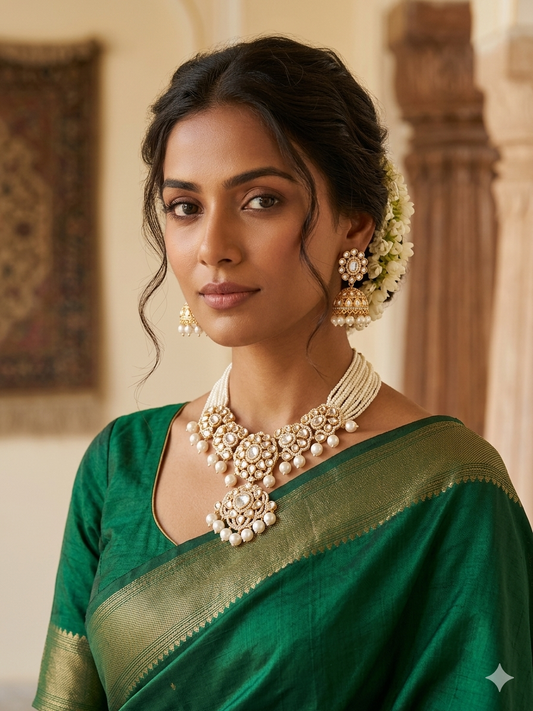Polki Moissanite Pearl Statement Necklace Set