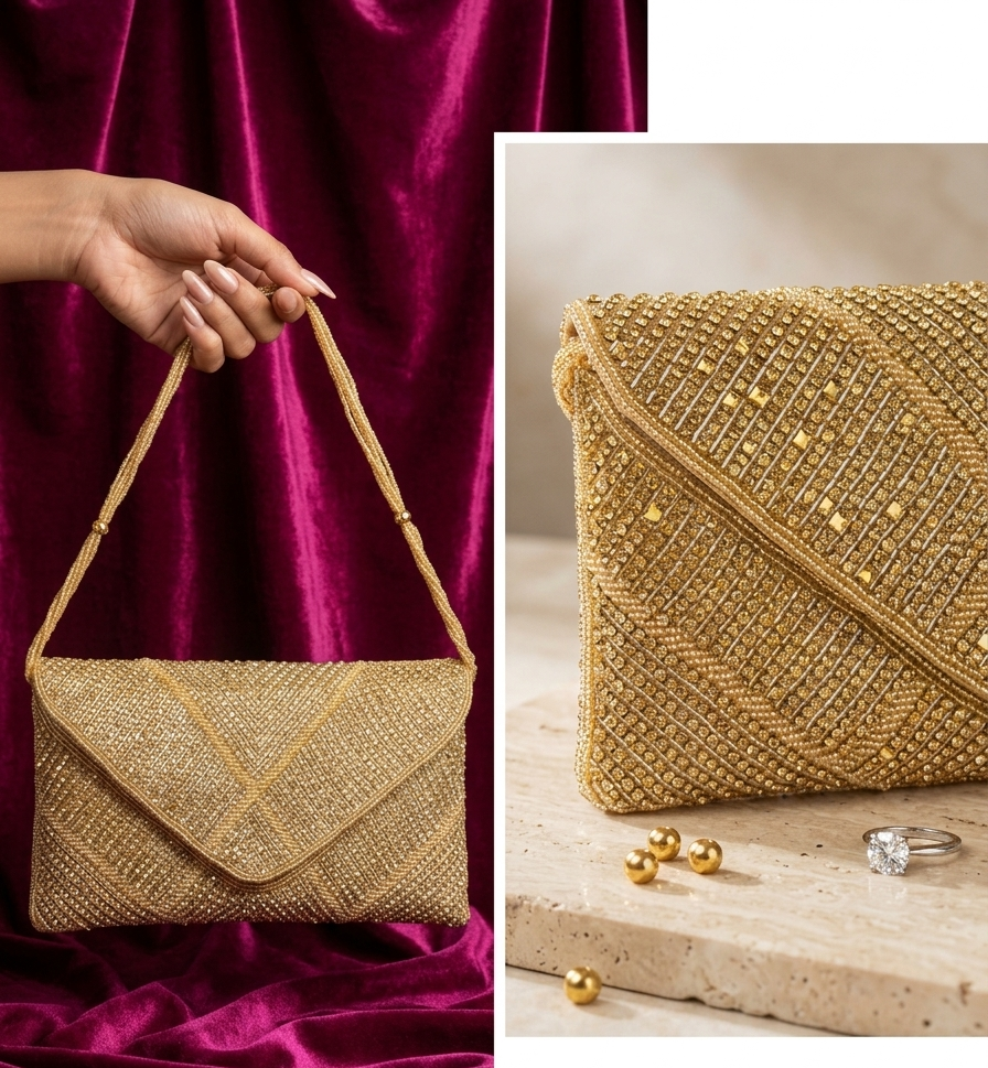Statement Handcrafted Golden Beaded Handbag with sling chain