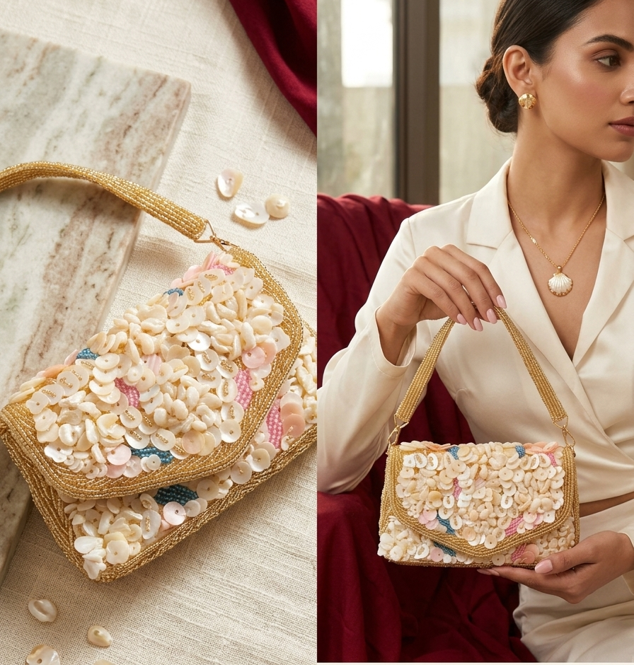 Handcrafted Shell Miniature Handbag with sling chain