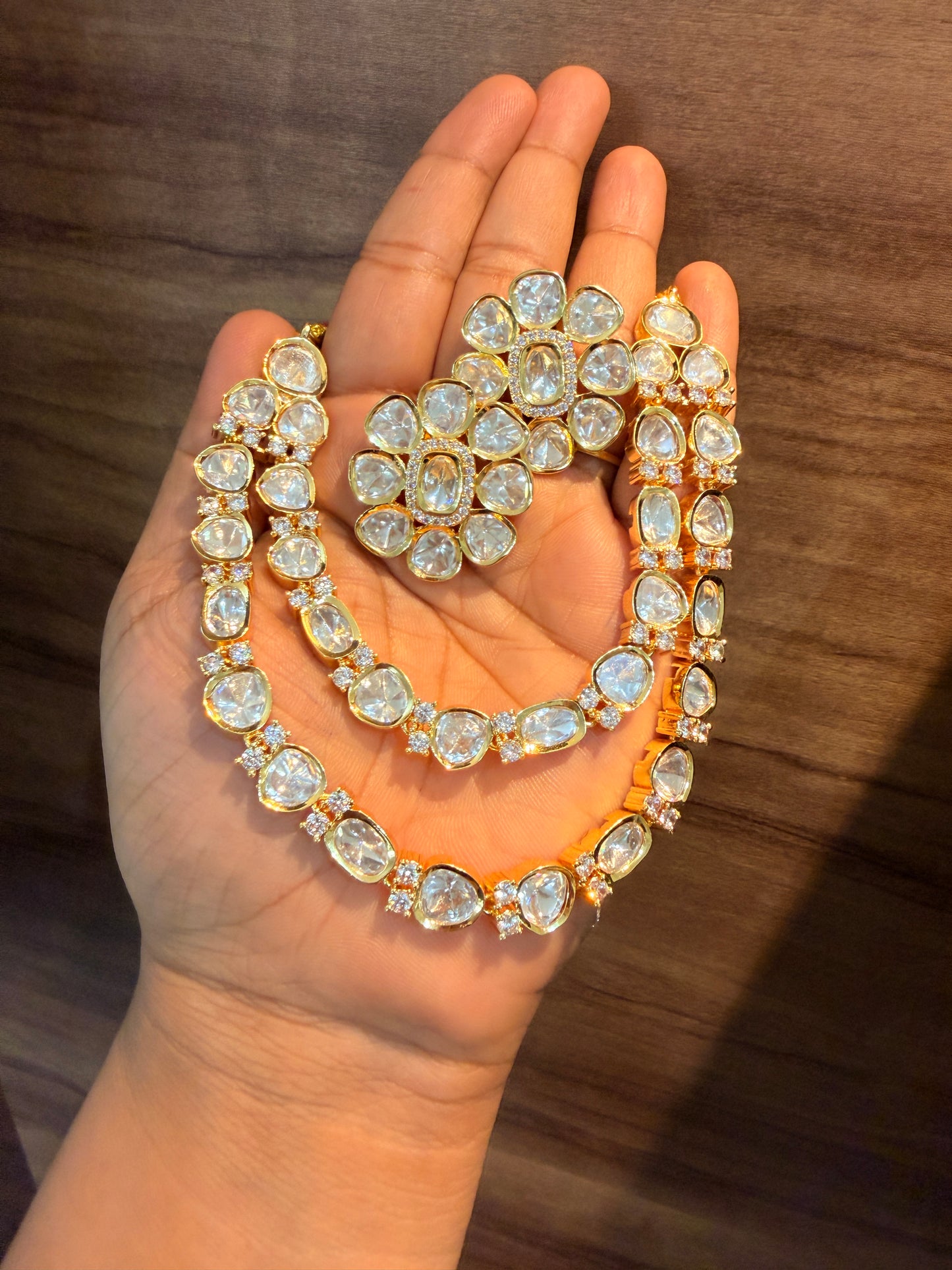 Signature Real Moissanite Polki Double Layered Necklace Set