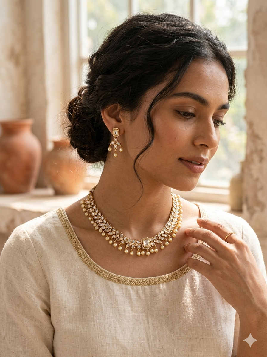 Moissanite Kundan Pearl Necklace Set