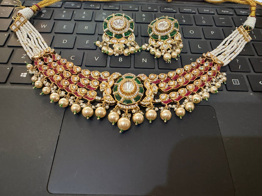 Emerald Ruby Real Moissanite Polki Pearl Necklace set