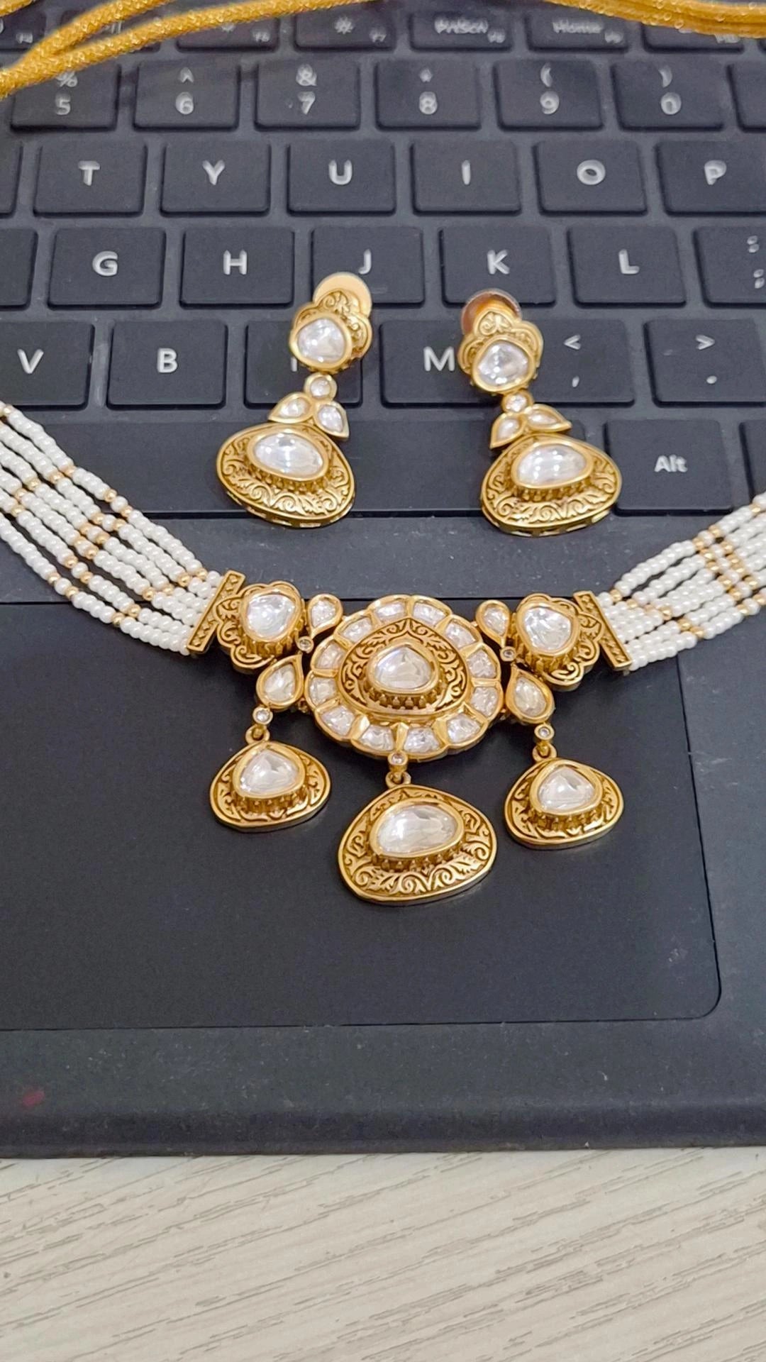 Signature Moissanite Polki Pearl Gold Craved Necklace Set