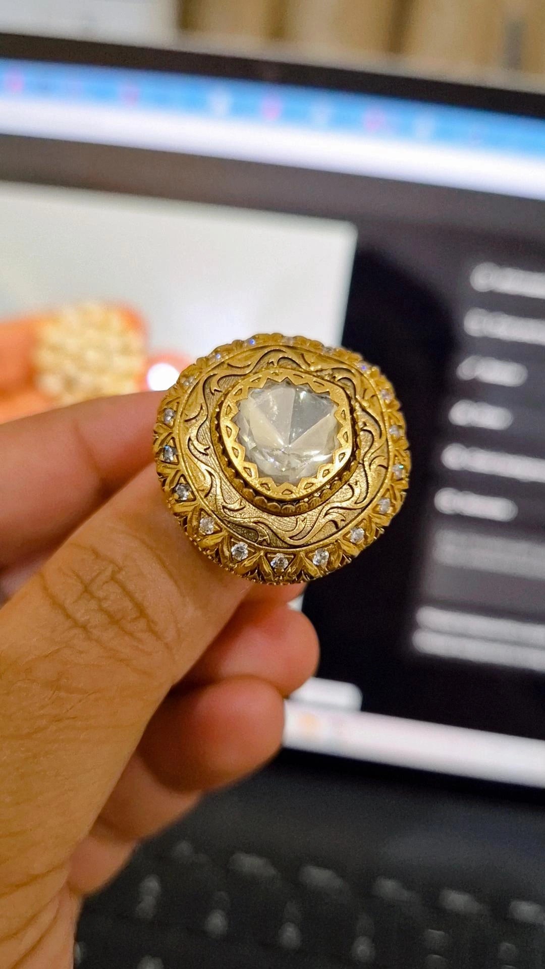 Statement Moissanite Polki Antique Gold Plated Ring