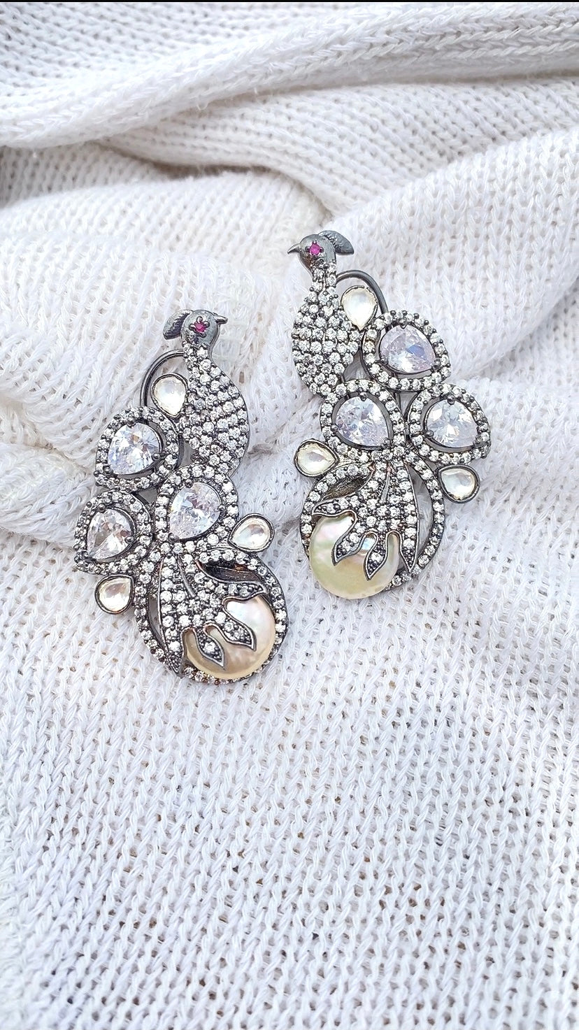 Silver Zirconia Studded Natural Pearl Earrings