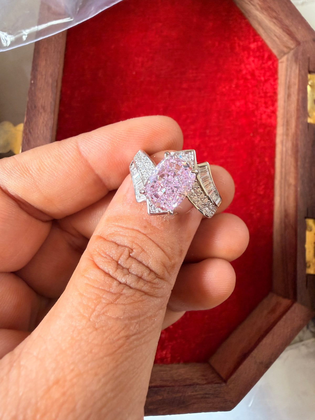 Lavender Doublet Studded American Diamond Silver Plated Adjustable Size Ring