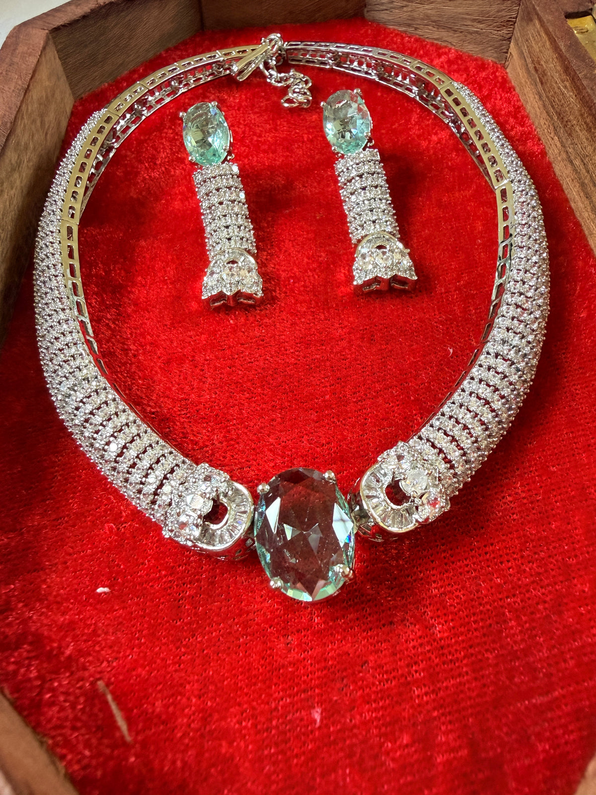 Ocean Designer American Diamond Silver Plated Necklace Set