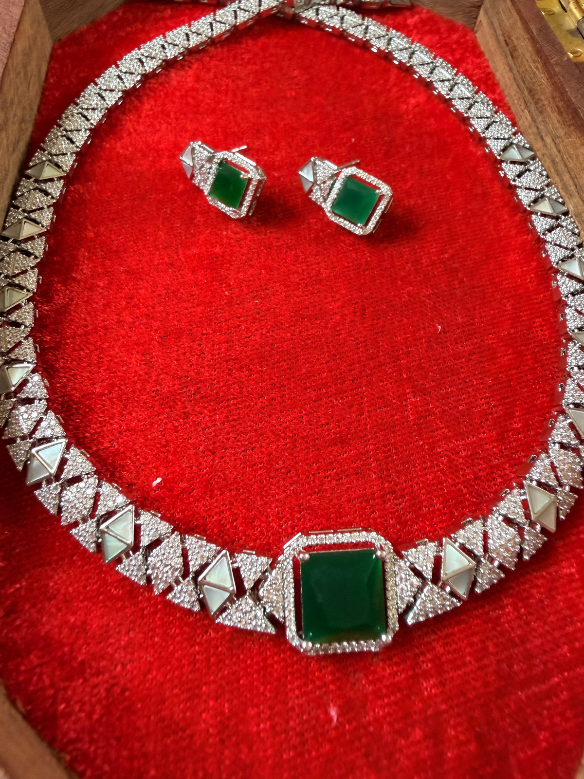Statement Emerlad Designer American Diamond Silver Plated Necklace Set
