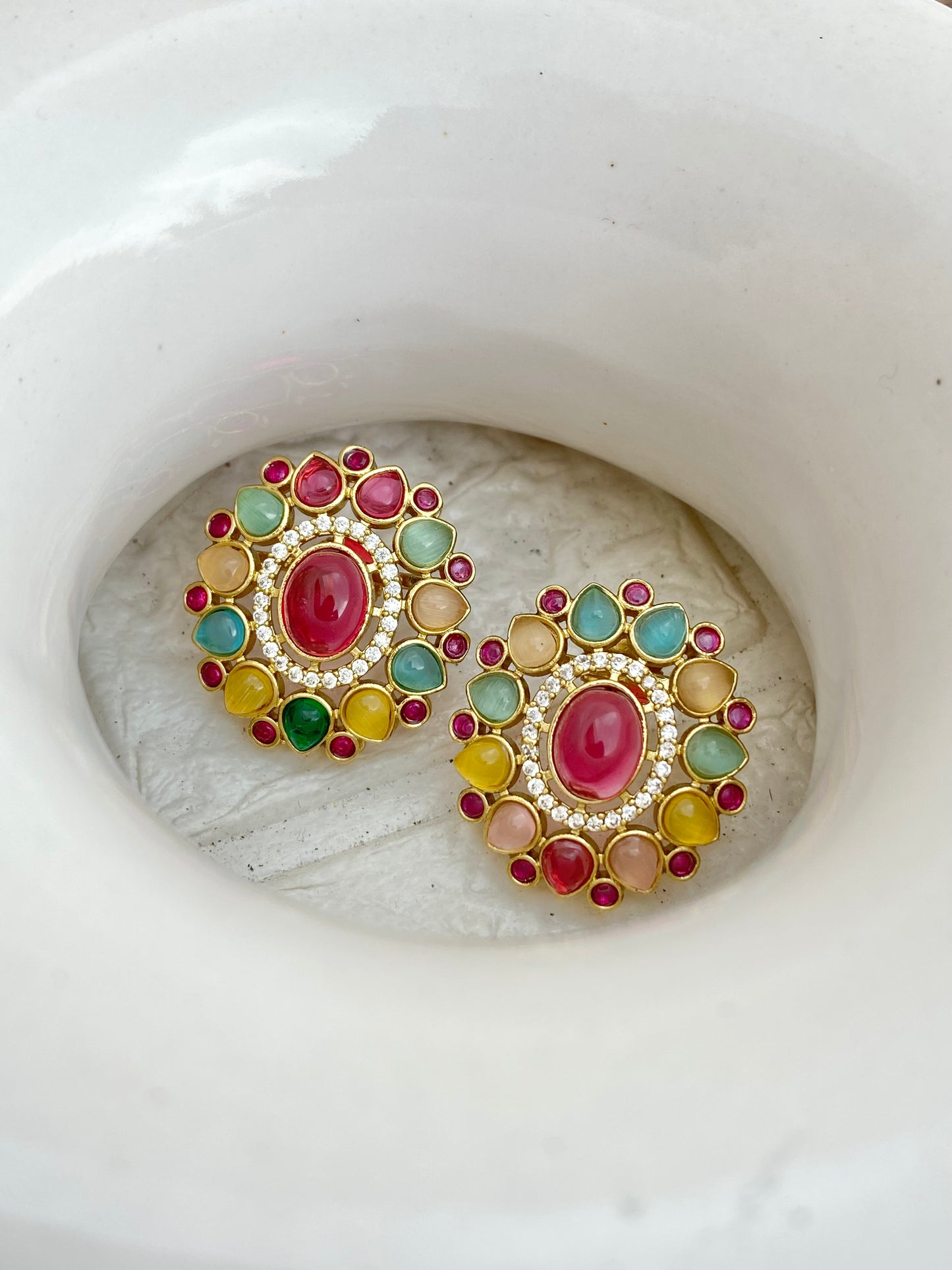 Signature Navratana Polki Stud Earrings