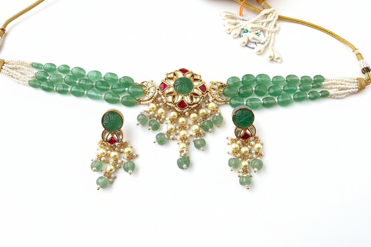 Paachi Kundan Polki Studded Natural Stone Work Statement Necklace Set