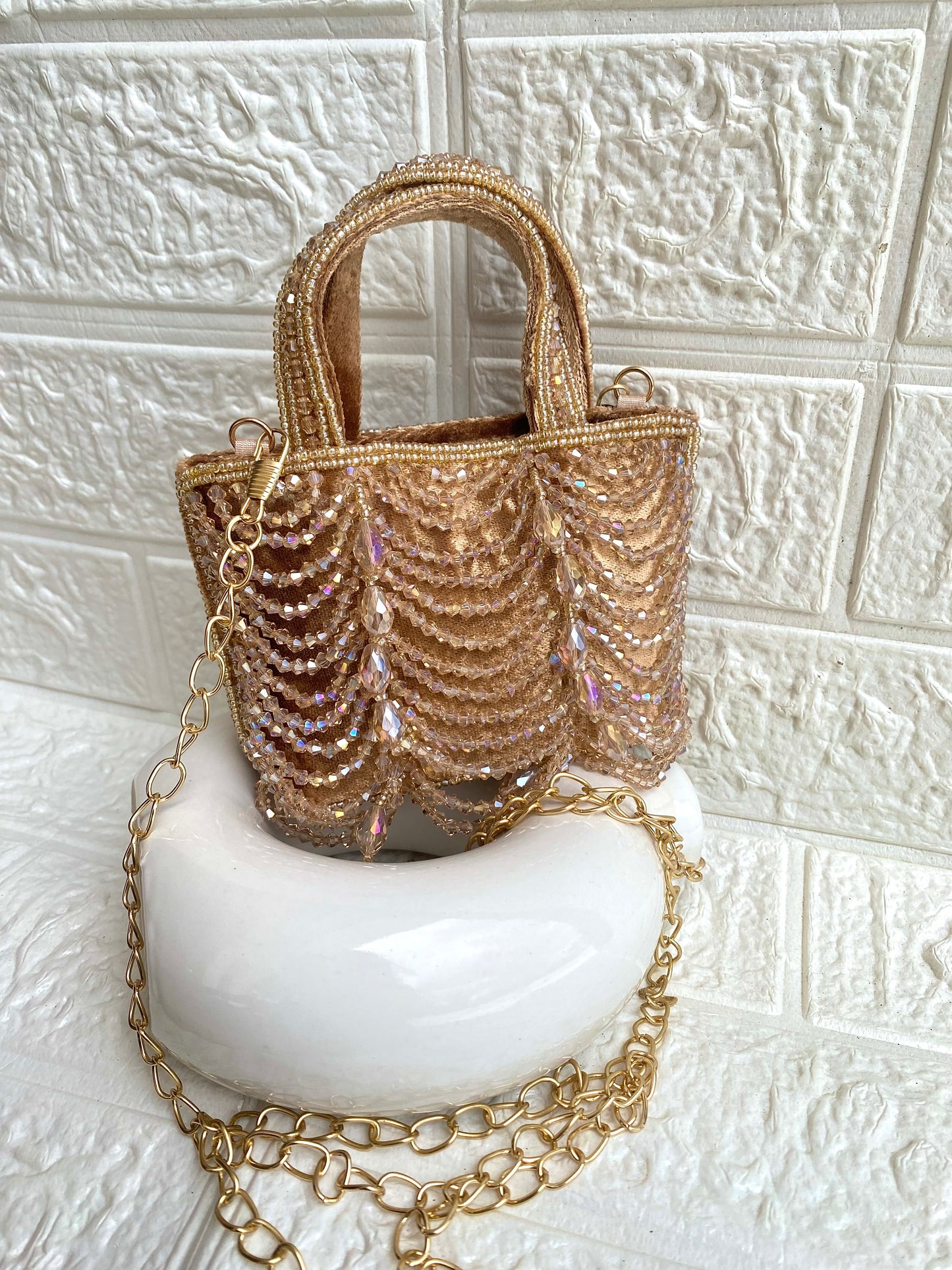 Handcrafted Double Sided Pearl Beads HandBag with Sling Chain - Small