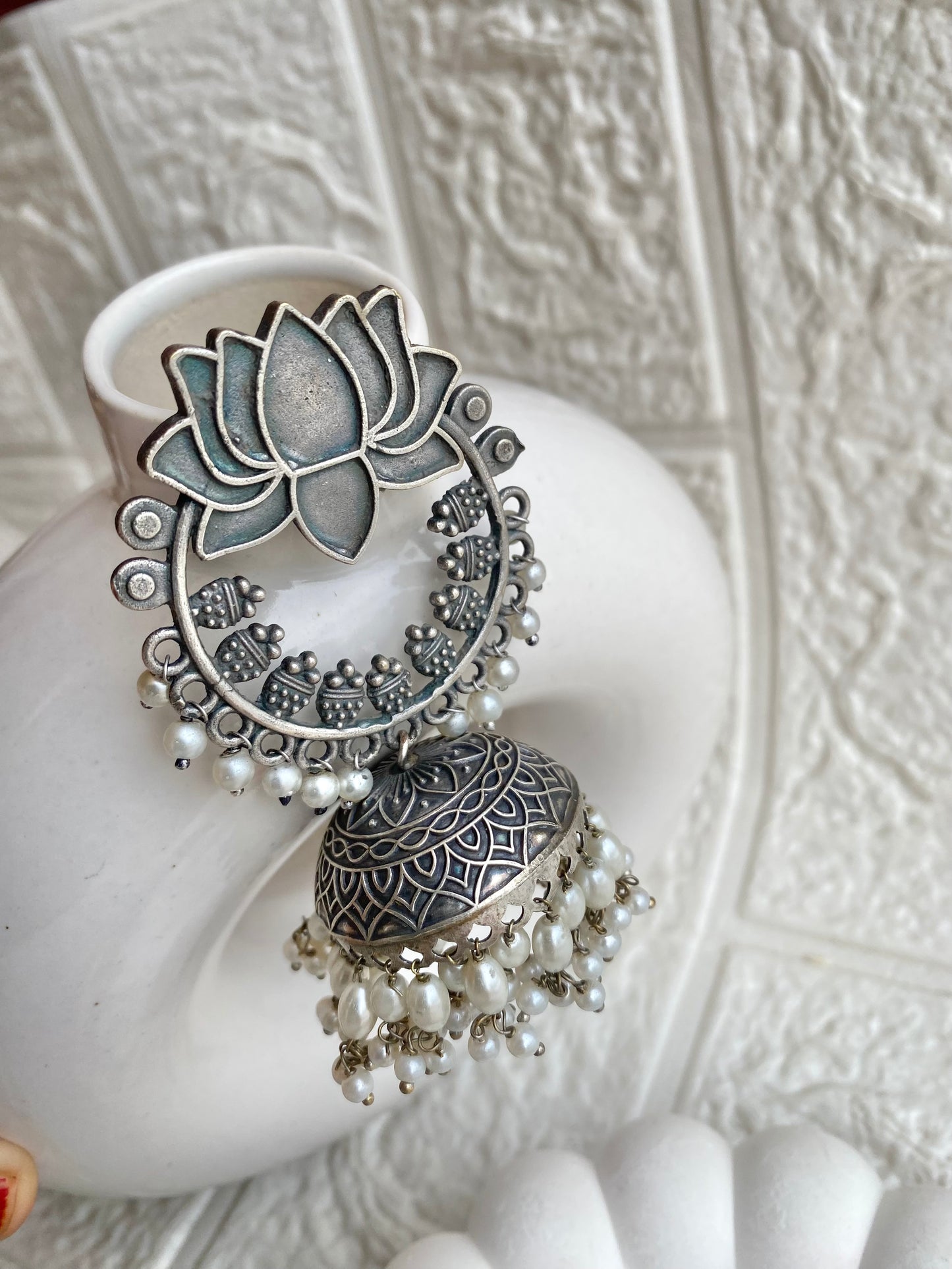 Lotus Long Silver Jhumka