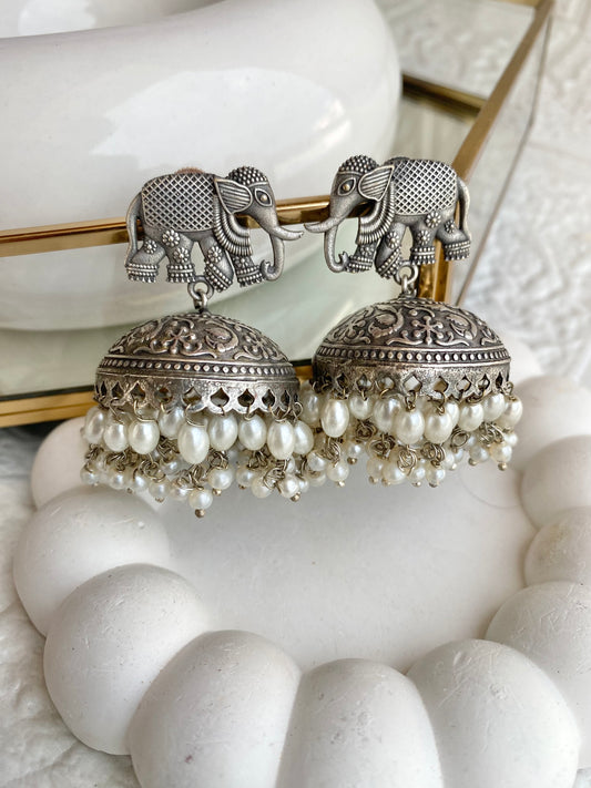 Elephant Motif Silver Jhumka
