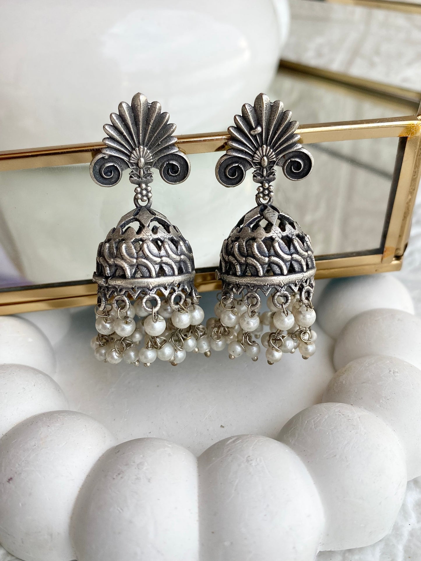 Detailed Carving Silver Jhumka