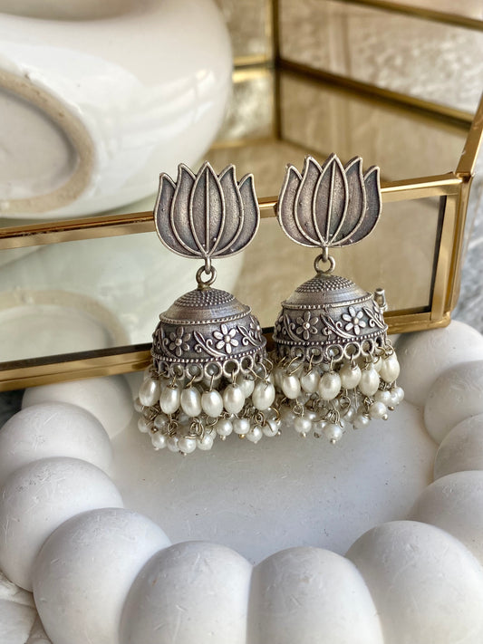 Lotus Pearl Silver Jhumka