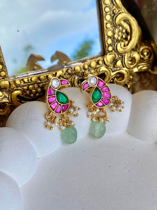 Parrot Polki Kempu Mint Antique Earrings