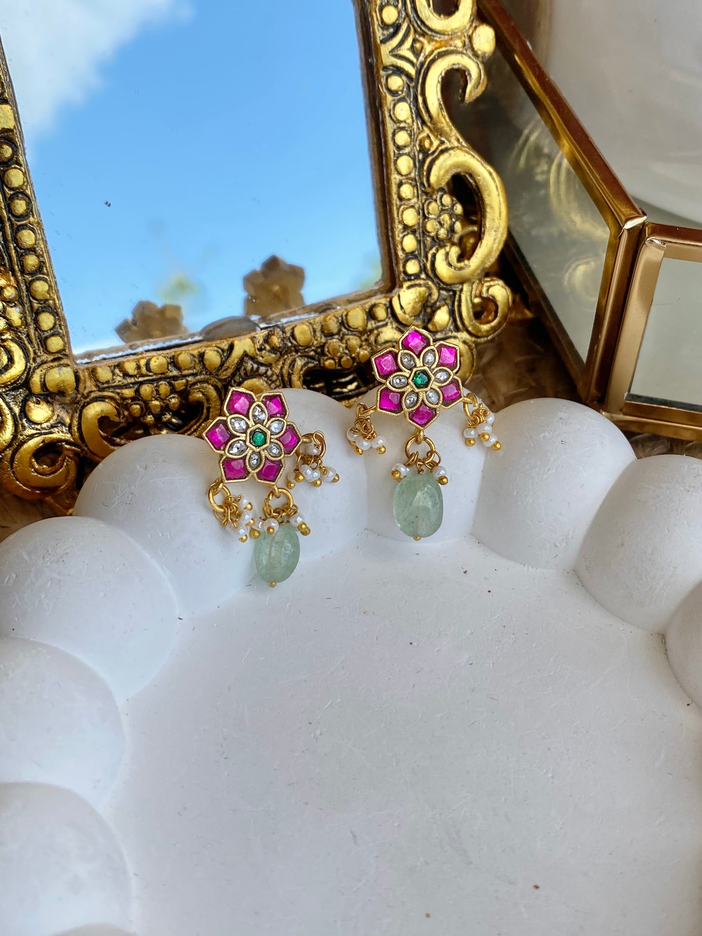 Kempu Mint Jadau Antique Earrings