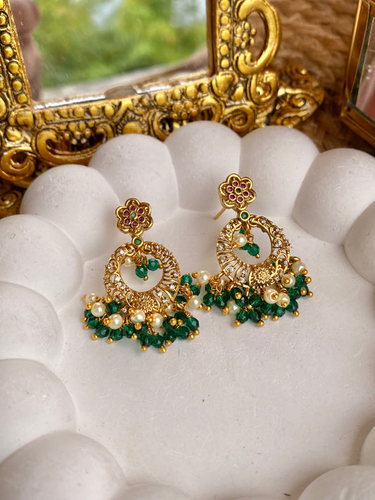 Green Beads Antique Temple Earrings