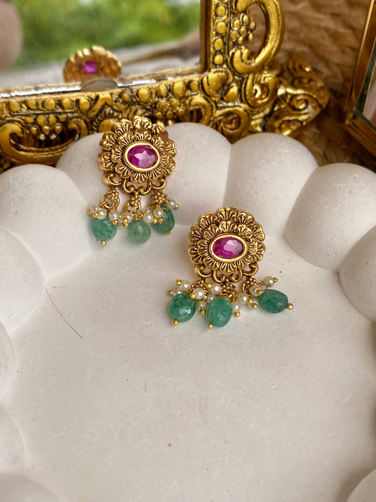 Kempu Mint Antique Temple Stud Earrings