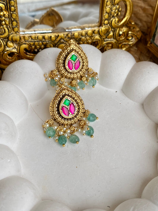Kempu Mint Antique Temple Stud Earrings