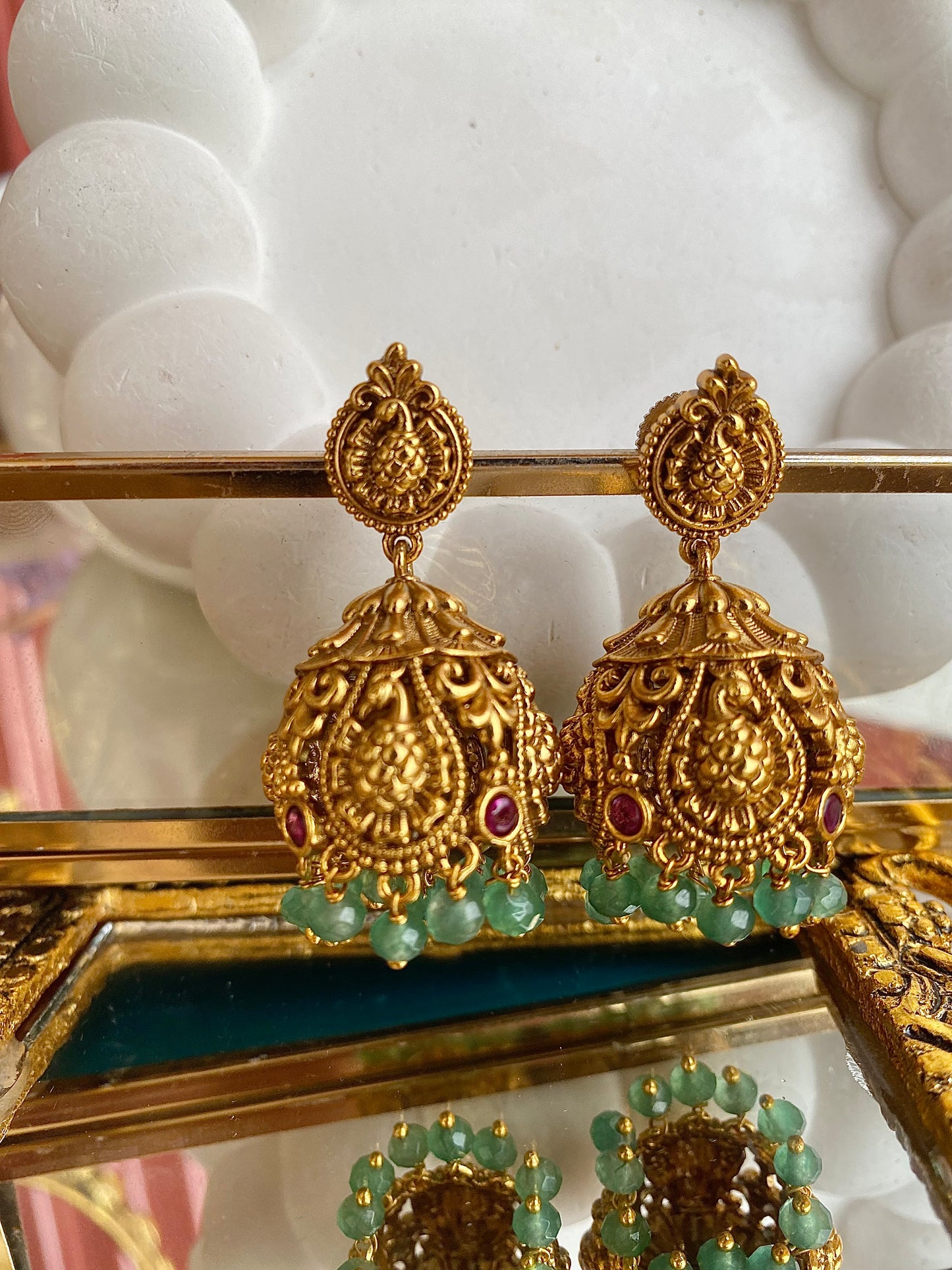 Mint Pearl Drop Antique Temple Jhumka