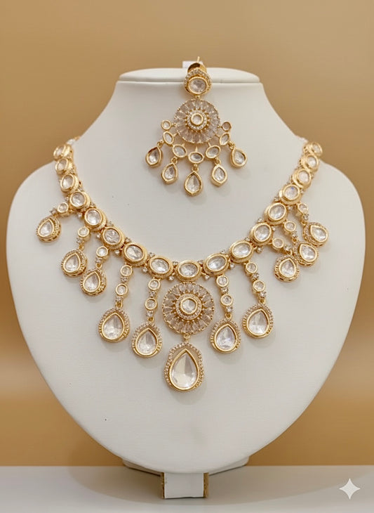 Royal Statement Moissanite Polki Necklace Earrings Set