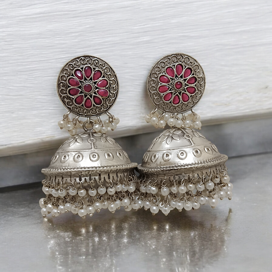 Ruby Stone Silver Polish Pearl Jhumka
