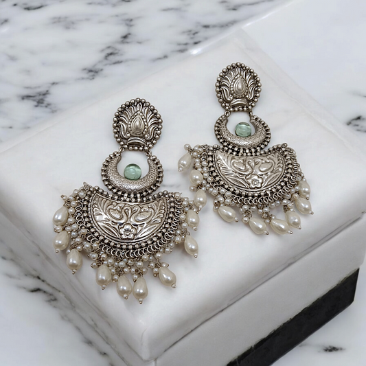 "Sagar" Statement Silver Pearl Chandbali