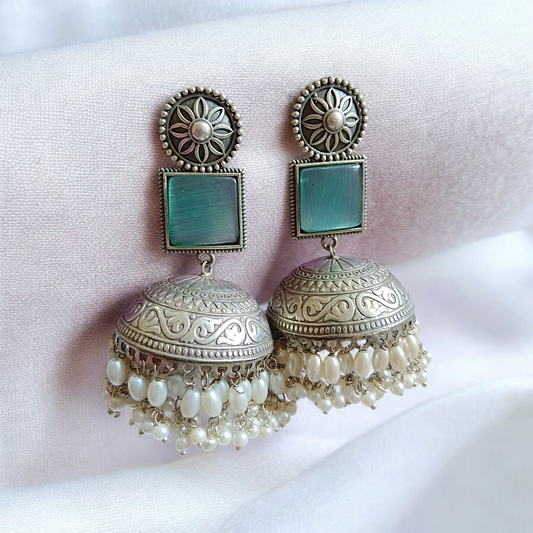 Sea Green Semi Precious Stone Silver Butta Pearl Long Jhumka