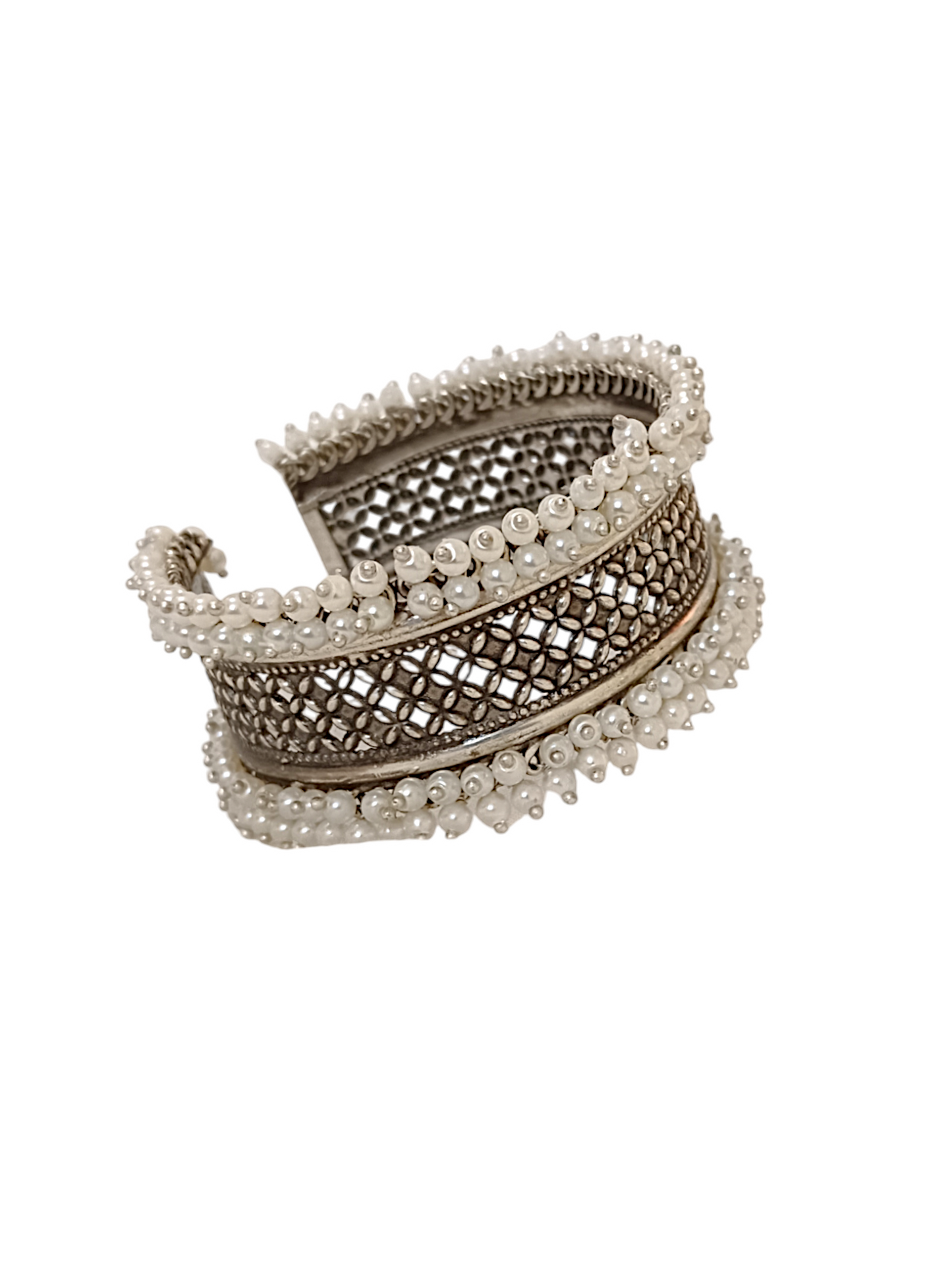 Pearl Cluster Oxidised Silver Kada