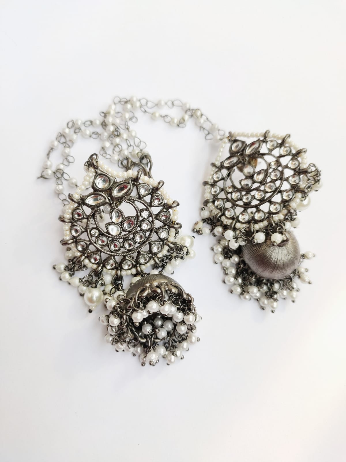Metallic Black Silver Jhumka with earchain