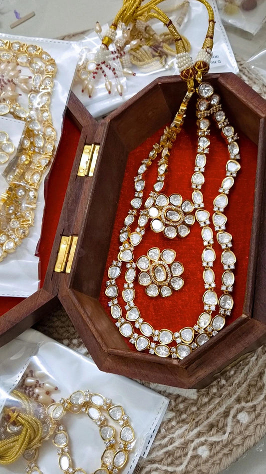 Signature Long Real Moissanite Polki Double Layered Necklace Set
