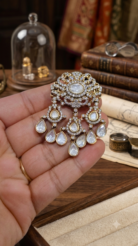 Statement Moissanite Polki Antique Gold Unisex Brooch