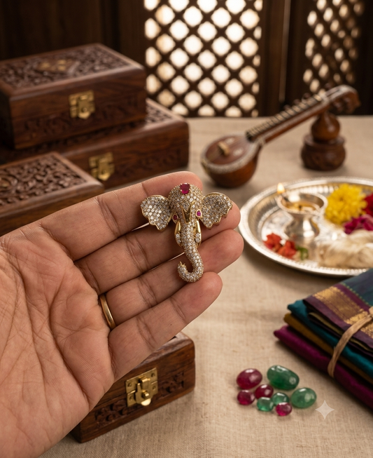 Coorg Elephant Ruby Gemstone CZ Studded Unisex Brooch