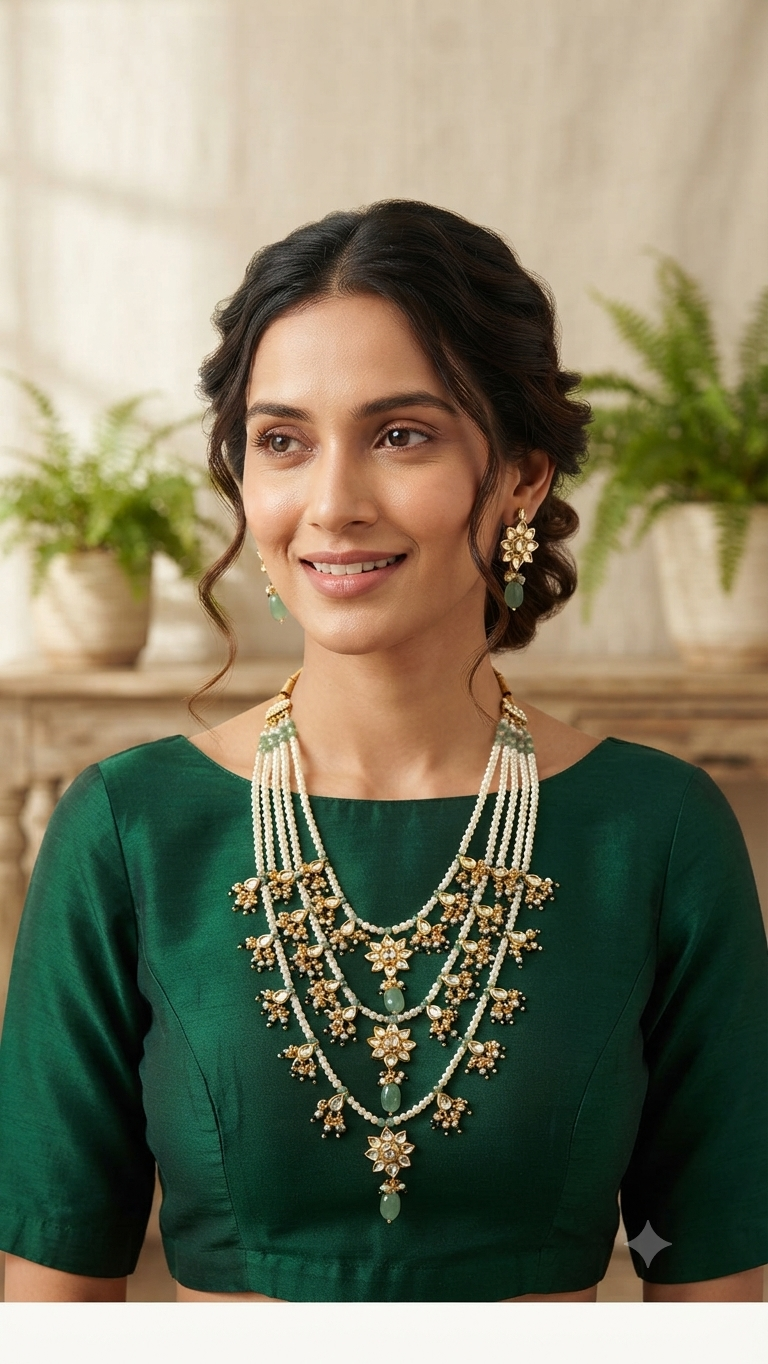 Triple Layered Green Faux Kundan-Studded Faux Pearl Beaded Meenakari Gold-Toned Jewellery Set )