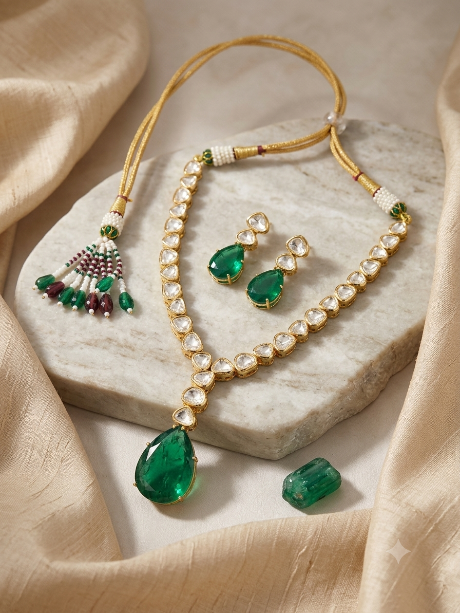 Real Moissanite Polki Emerald signature Necklace Set