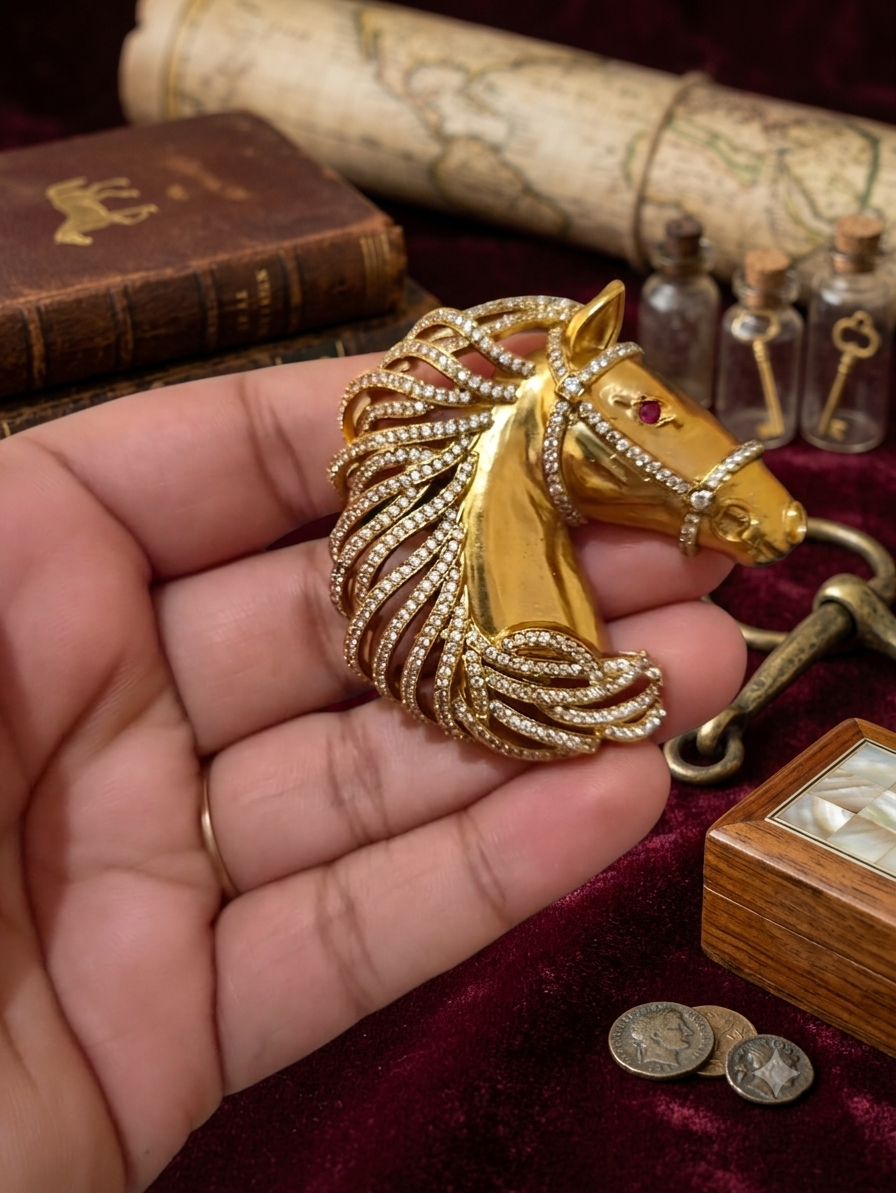 Royal Horse Mint CZ Studded Gold Unisex Brooch