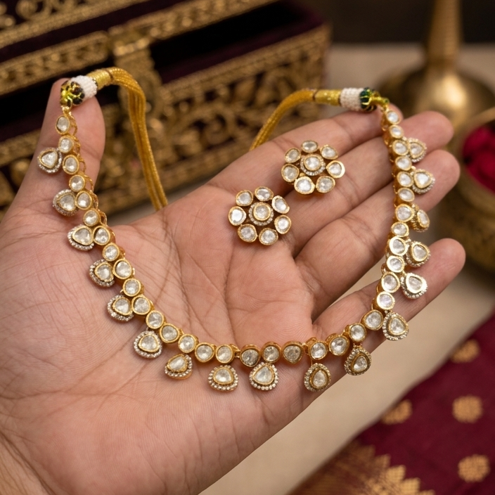 Signature Real Moissanite Polki Necklace Set