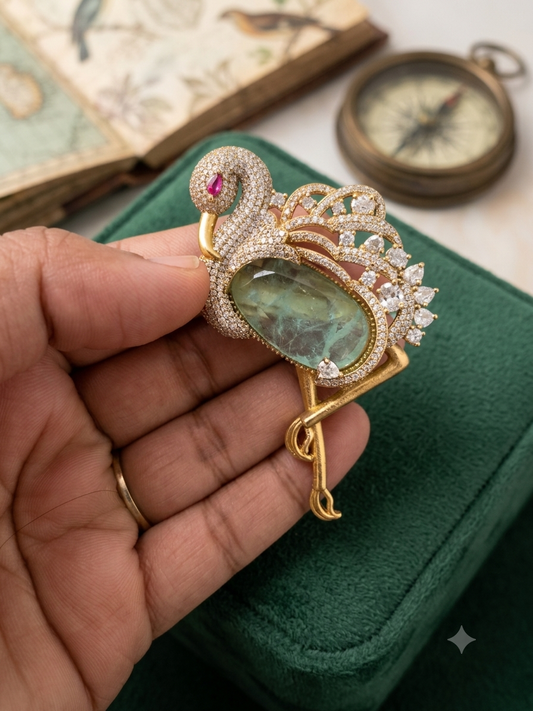 Flamingo Mint Russian Emerald Polki Gold Unisex Brooch