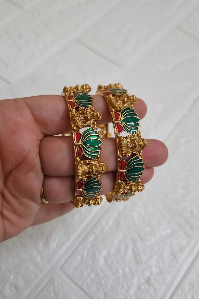 Lotus Gold-Plated Ruby Studded Bangles- Pair