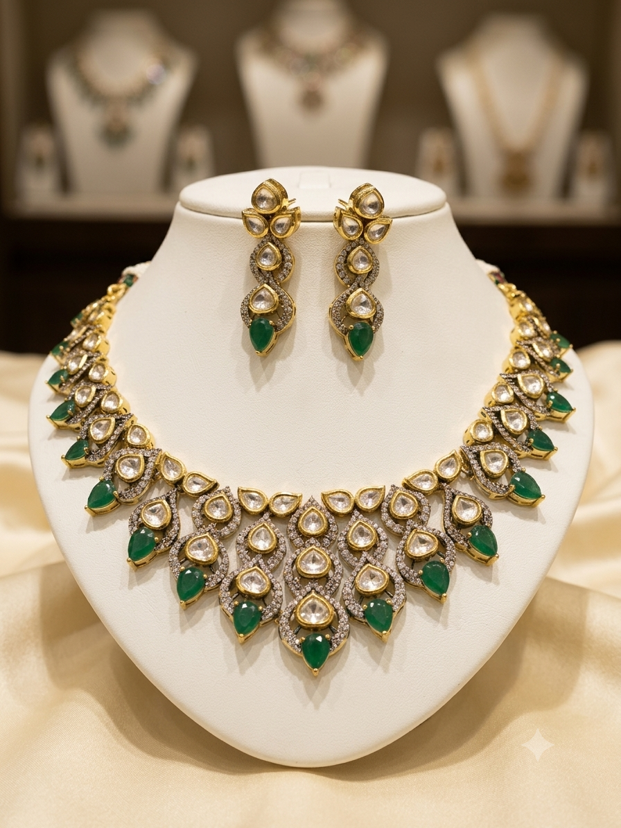 Emerald Real Moissanite Polki Necklace set