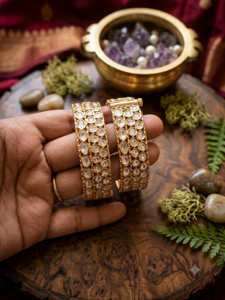 Statement Moissanite Kundan Screw Openable Bangles - Pair