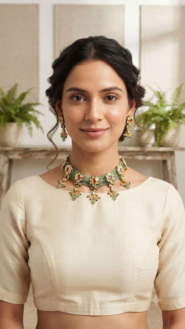 Mint Ruby Faux Kundan-Studded Faux Pearl Beaded Meenakari Gold-Toned Choker Necklace Set