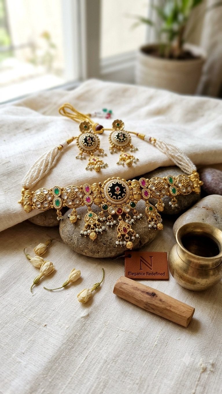 Bhavni Heritage Regal Green long Necklace Earrings Set )