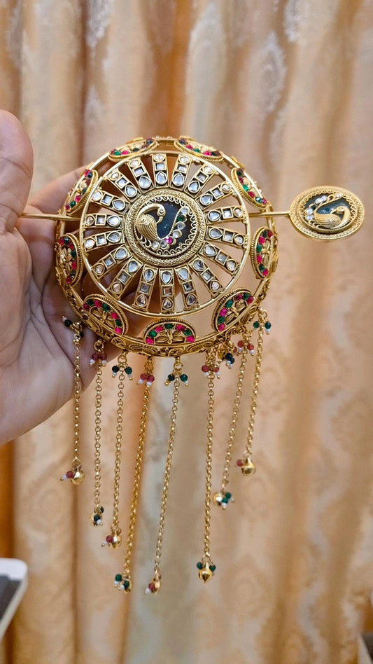 Statement Heritage Kundan Studded Gemstone work Hair Bun Cage with Stick - Big Size