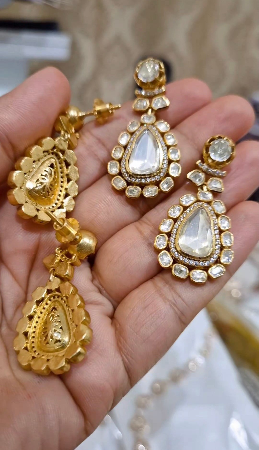 Uncut Polki Moissanite Screw Back Dangler Earrings