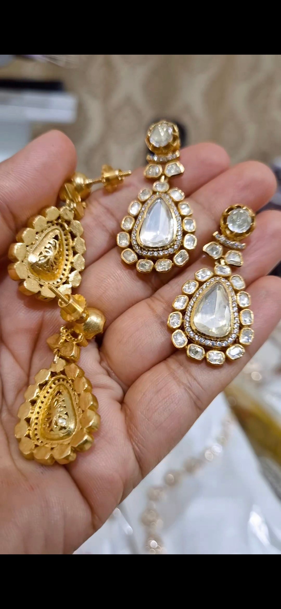 Uncut Polki Moissanite Screw Back Dangler Earrings