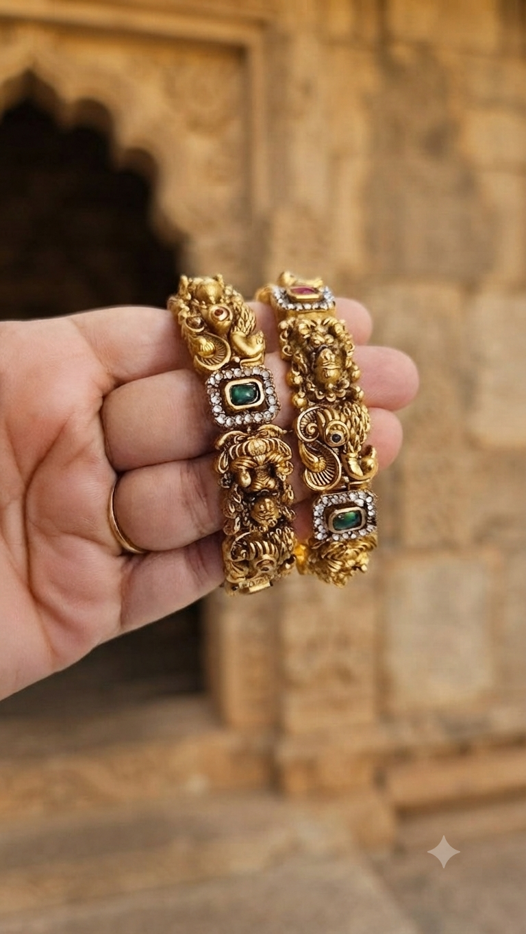 Temple Styled Gold-Plated Green Ruby Studded Bangles- Pair