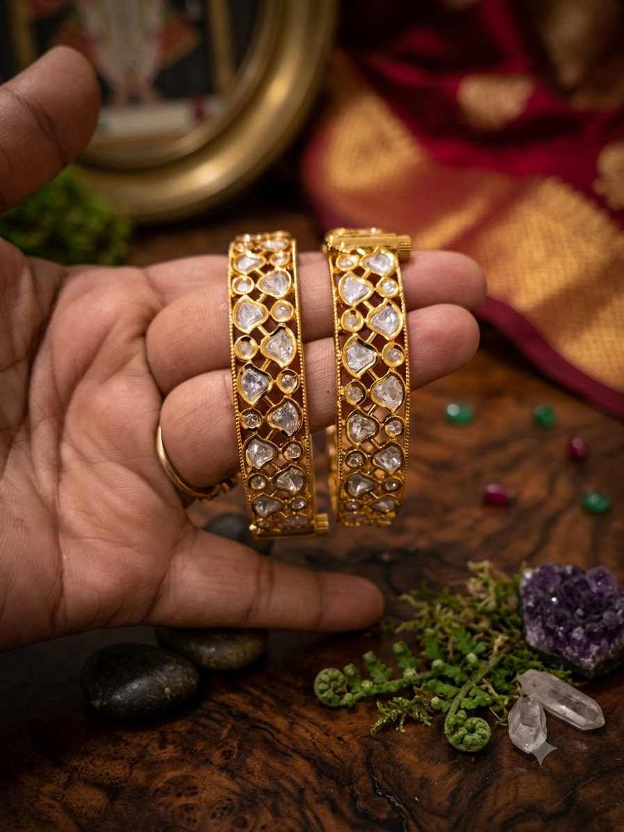 Statement Moissanite Kundan Screw Openable Bangles - Pair