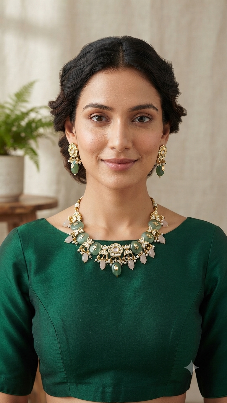Mint Faux Kundan-Studded Faux Pearl Beaded Meenakari Gold-Toned Choker Necklace Set
